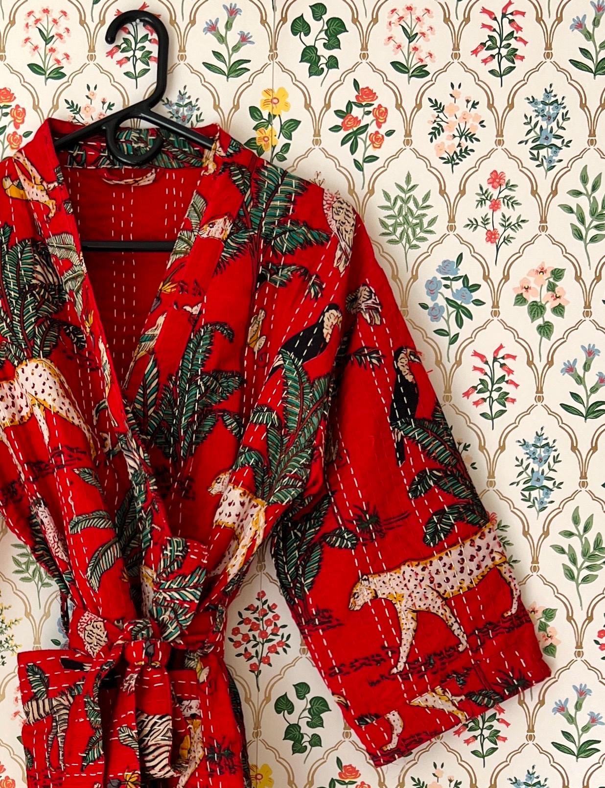 Kantha Cotton Kimono Hand Stitched Indian Robe Cozy Japanese Kimono Animal Print Kantha Stitch housecoat Winter Kimono Holiday Gift for Her