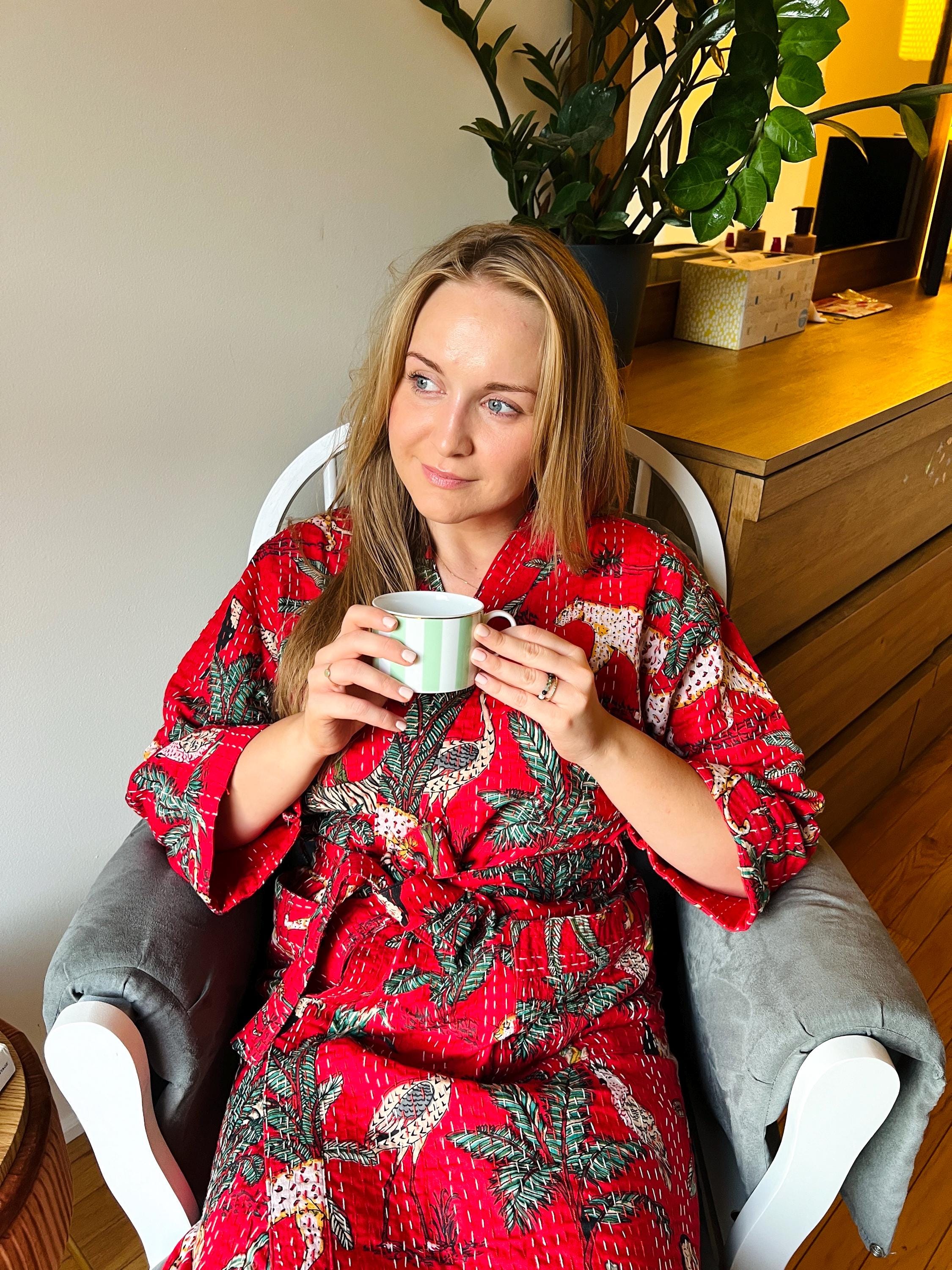 Kantha Cotton Kimono Hand Stitched Indian Robe Cozy Japanese Kimono Animal Print Kantha Stitch housecoat Winter Kimono Holiday Gift for Her