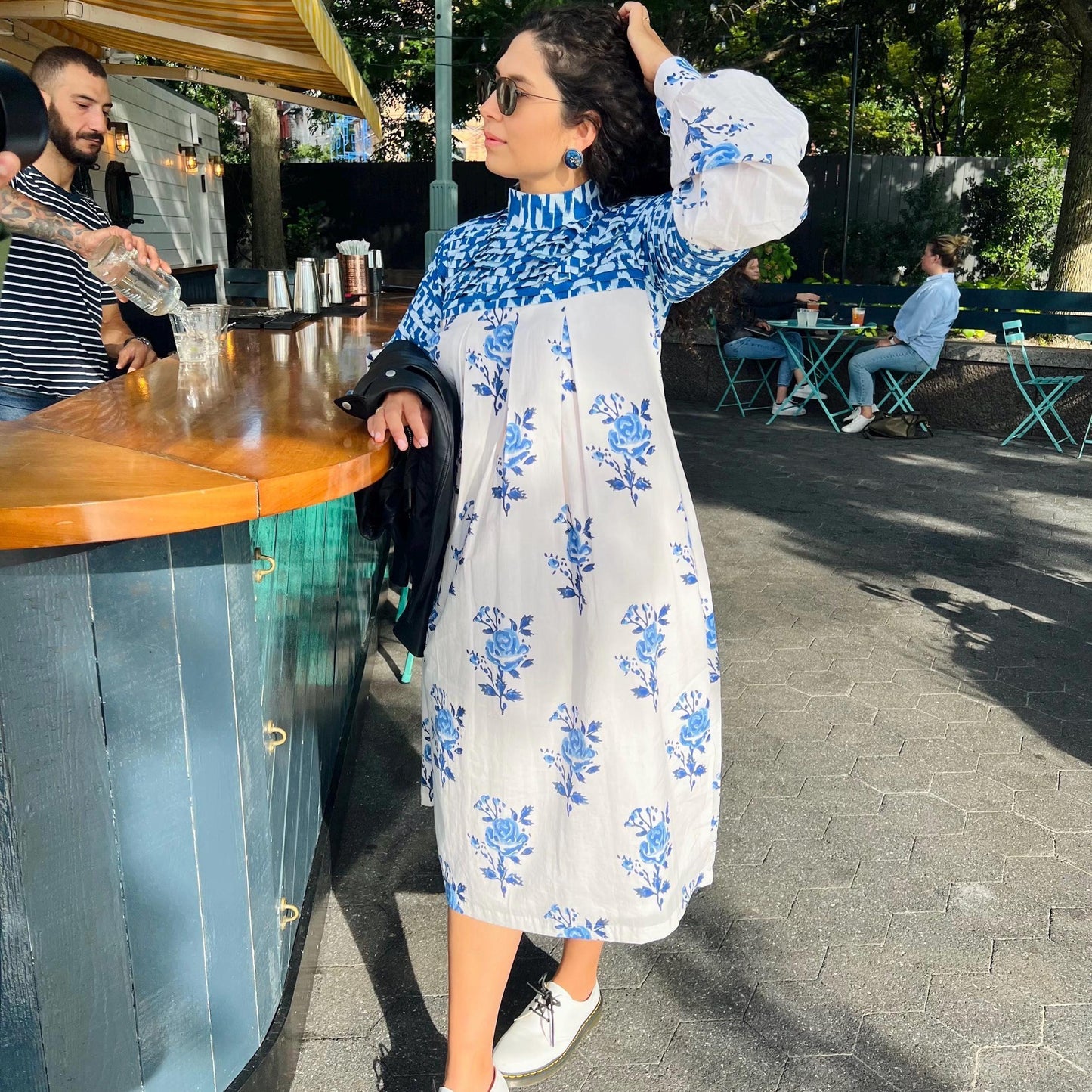 Midi Dress Blue Floral Dress Indian Cotton Dress Pleated Casual Dress Tunic Comfortable Vacation Wear Long Puff Sleeves Women Summer Dress