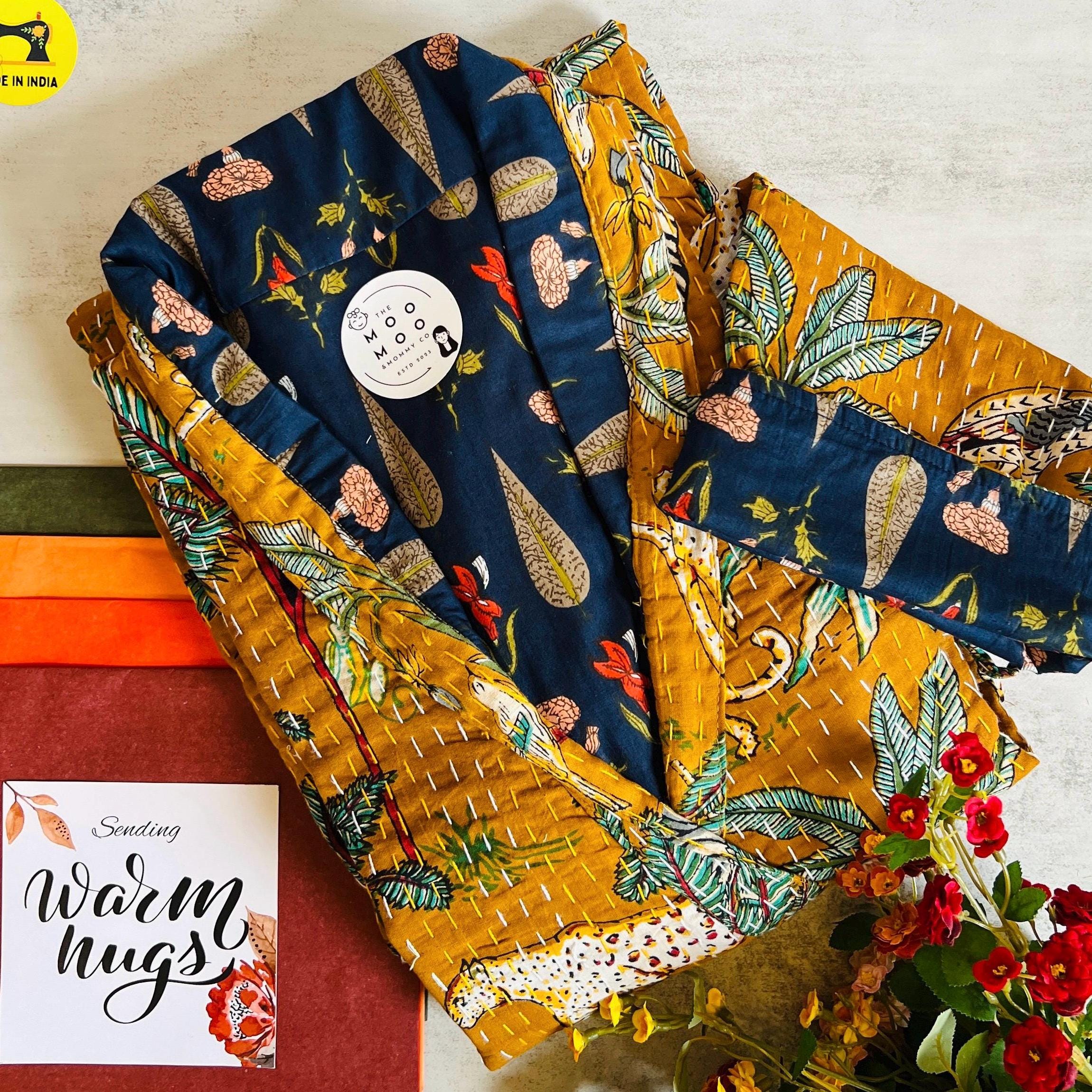 Kantha Cotton Reversible Kimono Hand Stitched Indian Robe Cozy Japanese Animal Print Kantha Stitch housecoat Winter Kimono Holiday Gift