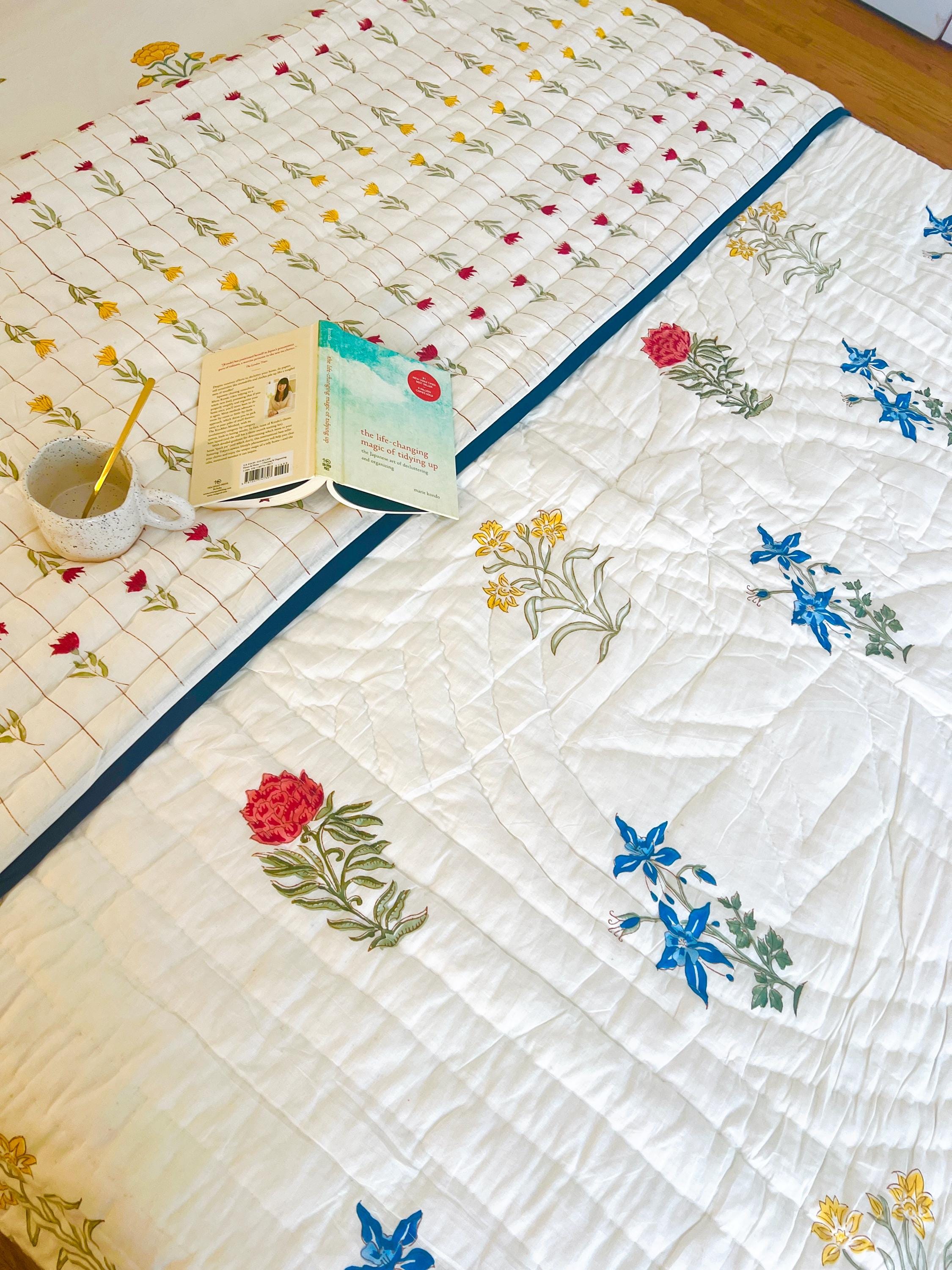 Queen Quilt Cotton Comforter Colorful Bedspread Soft Quilt Unique Bedding Gift Ideas Organic Cotton Indian Hand Block Print AC Quilt Floral