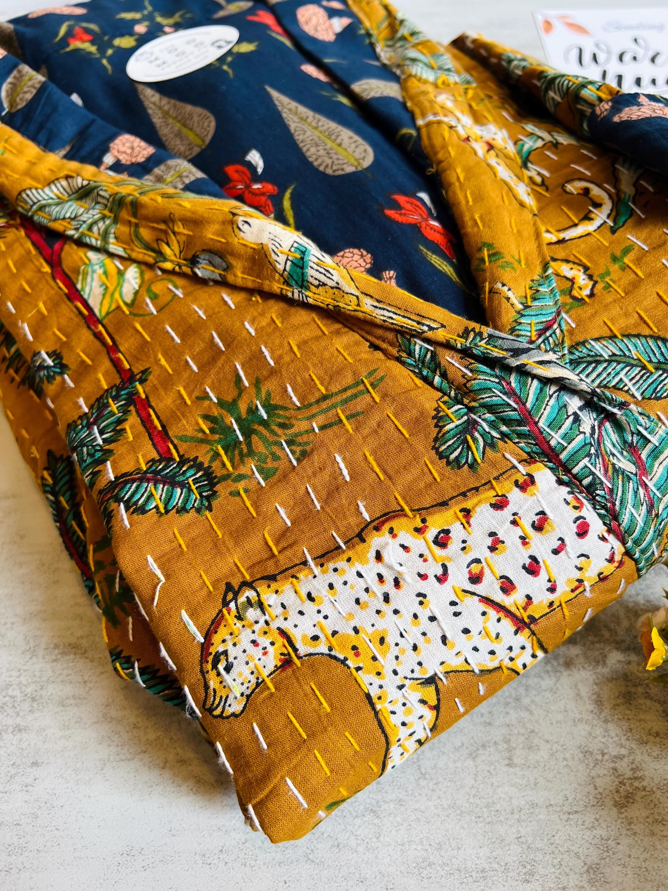 Kantha Cotton Reversible Kimono Hand Stitched Indian Robe Cozy Japanese Animal Print Kantha Stitch housecoat Winter Kimono Holiday Gift