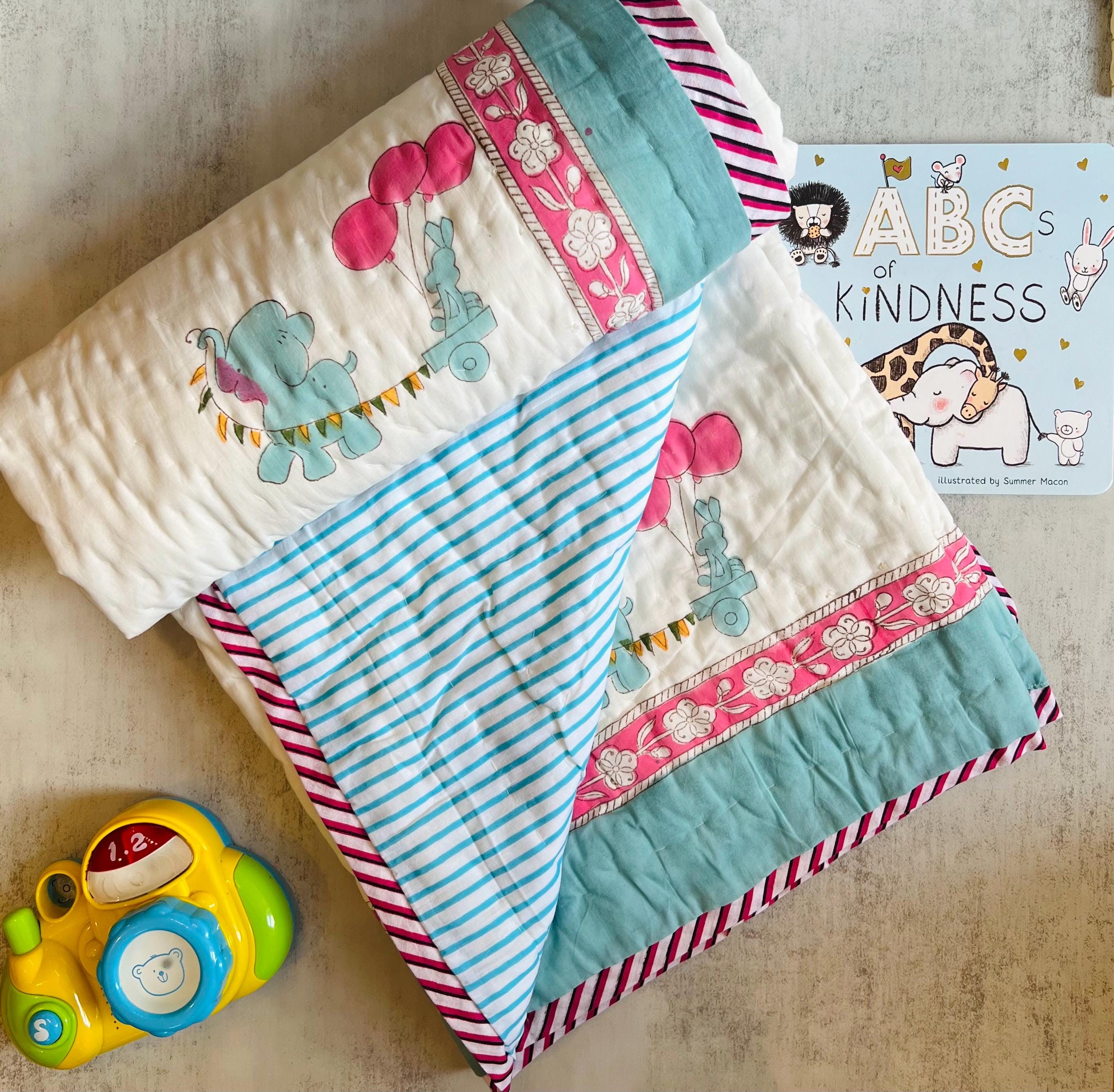 Useful Toddler Birthday Gift for Kids Handstitched Kids Blanket Handmade Indian Quilt, Block Print Soft Cotton Blanket, Handmade Gift Kids
