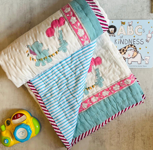 Useful Toddler Birthday Gift for Kids Handstitched Kids Blanket Handmade Indian Quilt, Block Print Soft Cotton Blanket, Handmade Gift Kids